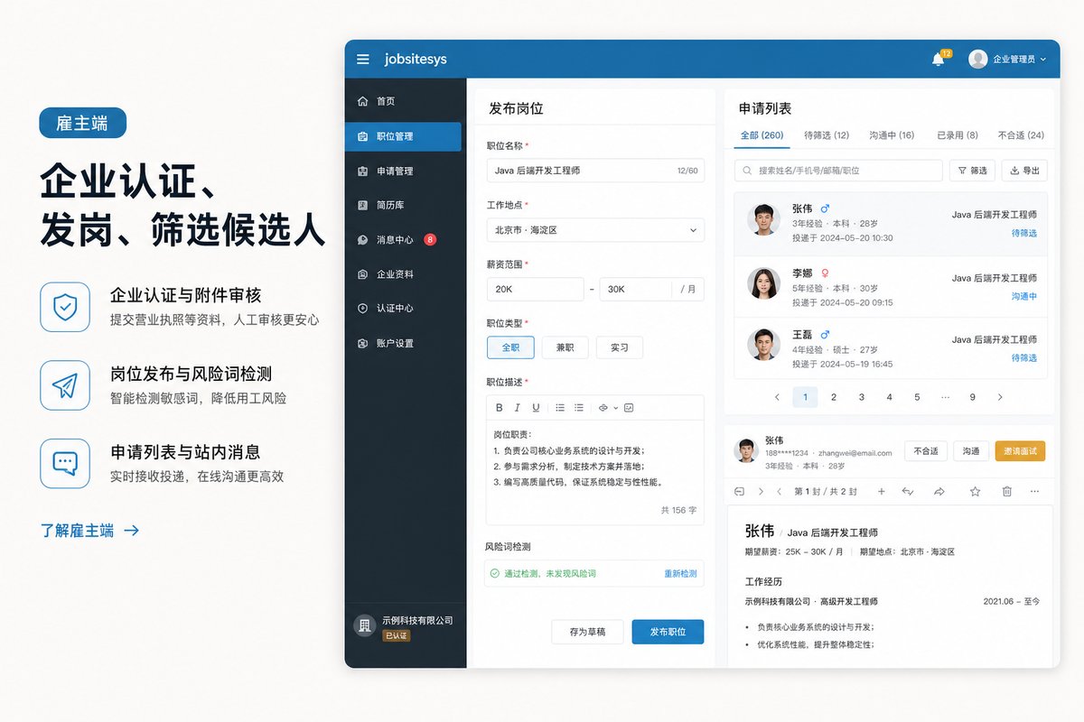 雇主端发岗与申请界面示意